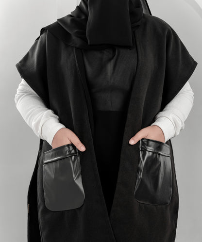 Black Wool Cardigan Jacket with Leather Pockets