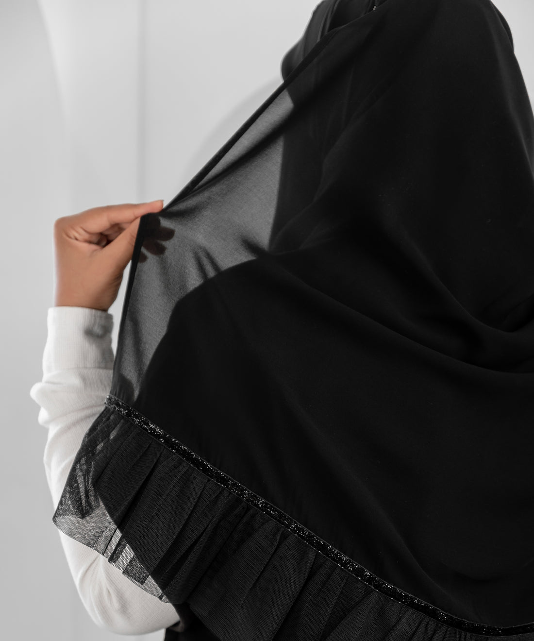 Rectangular Hijab with Tulle and Glitter Ribbon