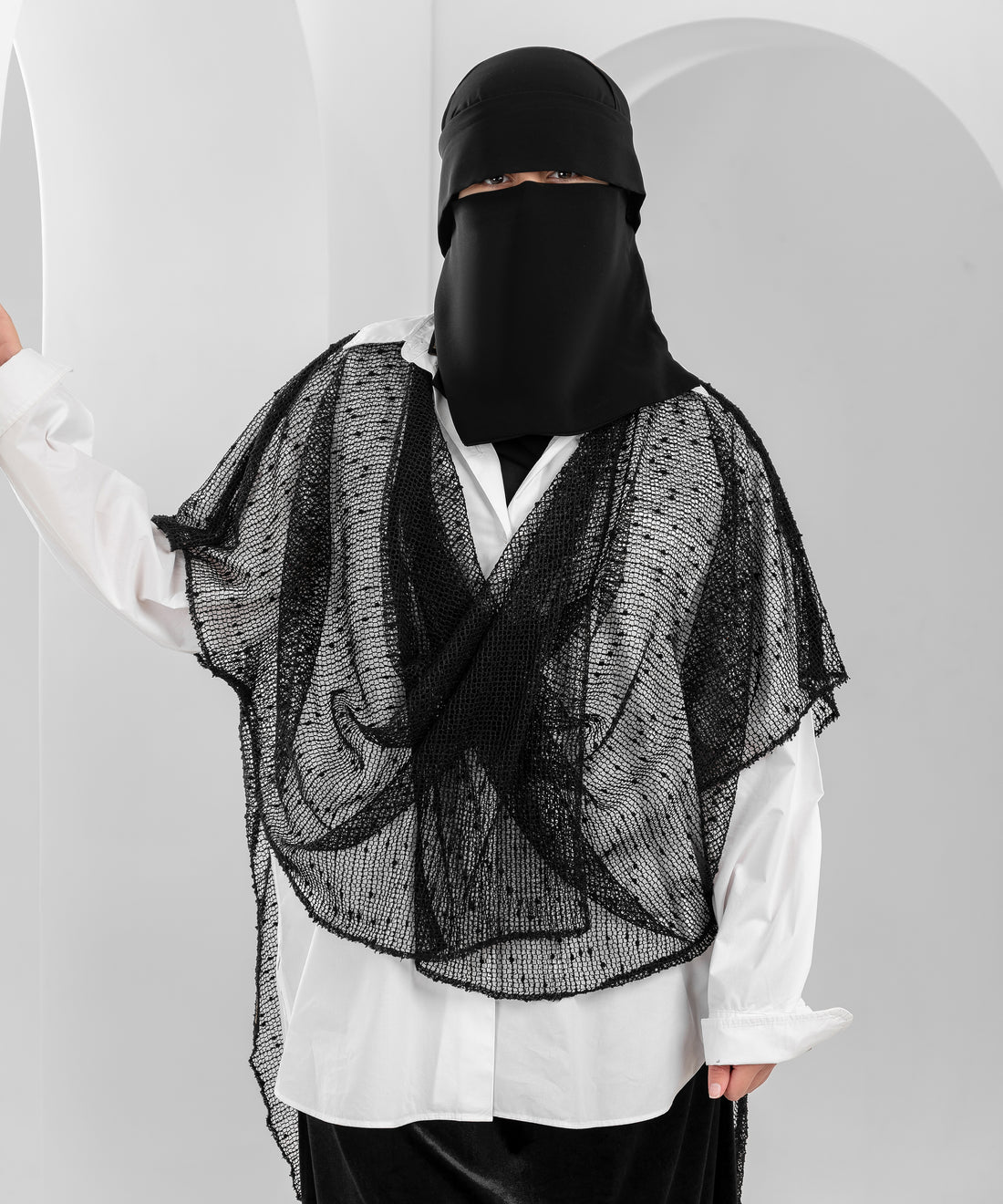 Shoulder Cape with Mesh Fabric and Velvet Dots – Front Drape Design