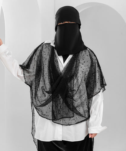 Shoulder Cape with Mesh Fabric and Velvet Dots – Front Drape Design