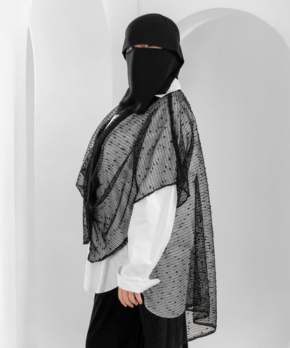 Shoulder Cape with Mesh Fabric and Velvet Dots – Front Drape Design
