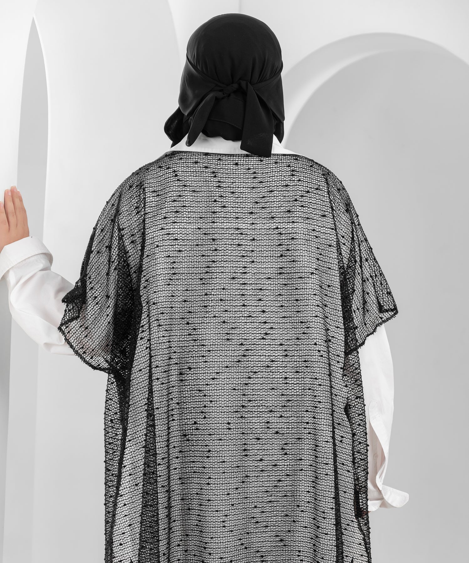 Shoulder Cape with Mesh Fabric and Velvet Dots – Front Drape Design