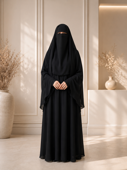 🖤 Integrated Khimar Niqab – Premium Black Chiffon
