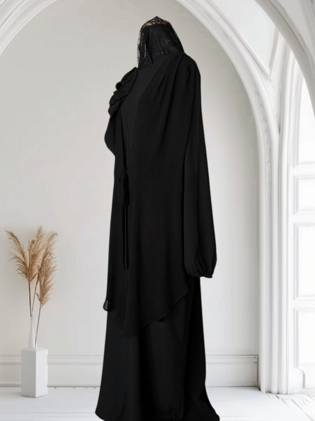 Crepe Abaya with Attached Chiffon Vest