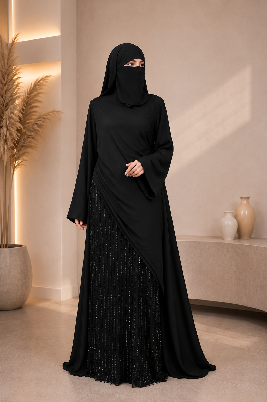 🖤 Luxury Two-Piece Evening Abaya – Satin Abaya with Embellished Skirt