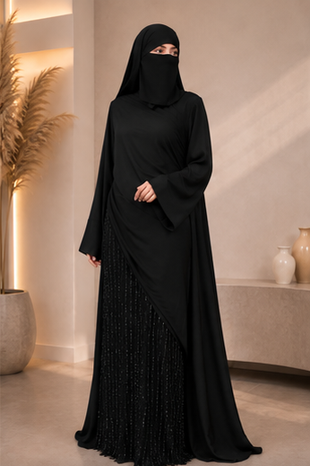 🖤 Luxury Two-Piece Evening Abaya – Satin Abaya with Embellished Skirt