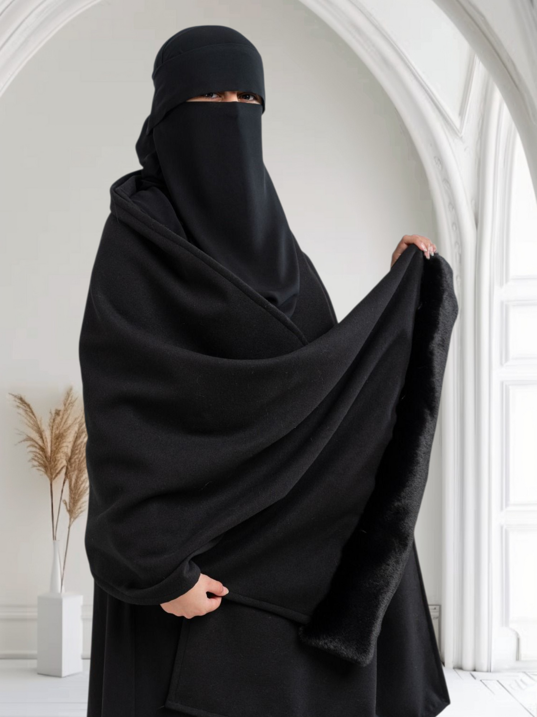 Double-Faced Wool Felt Shawl with Fur Trim