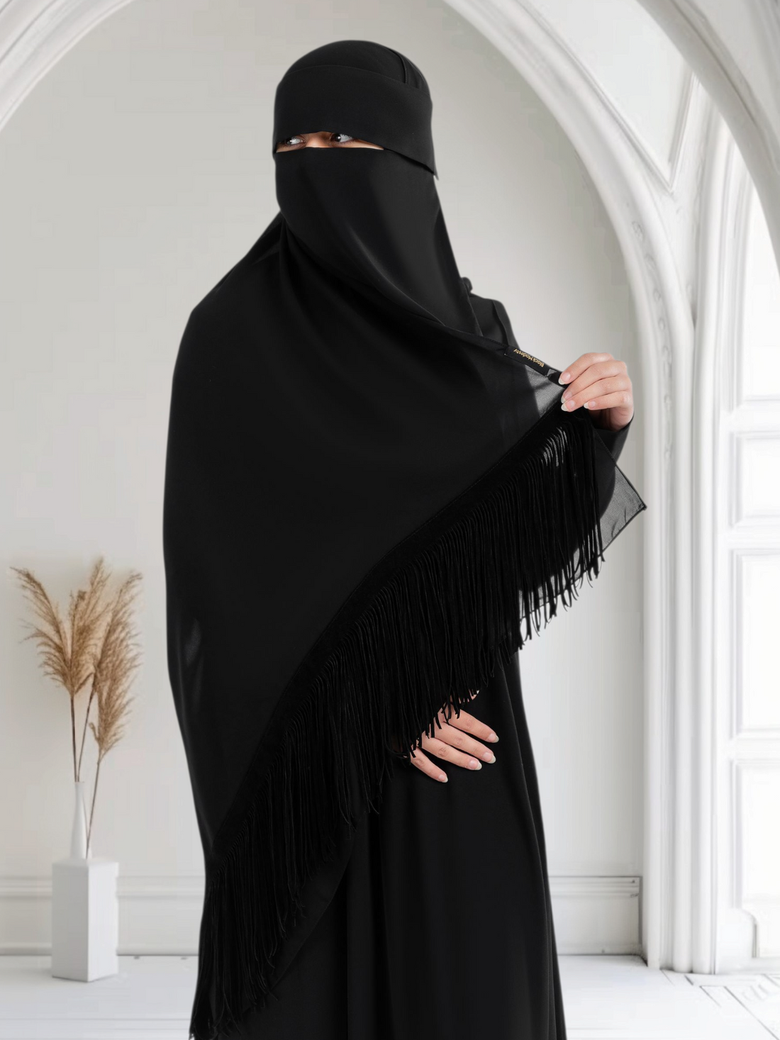 Rectangular Chiffon Scarf with Velvet Suede Tassels