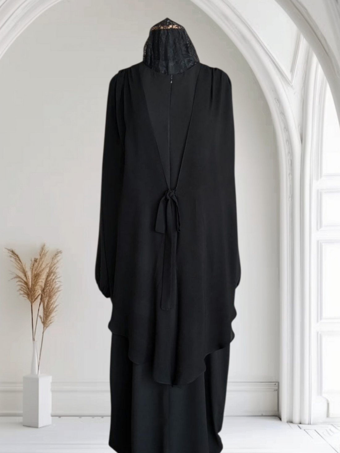 Crepe Abaya with Attached Chiffon Vest