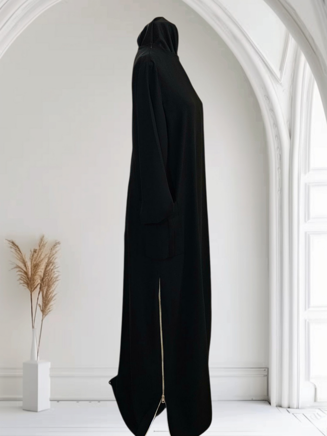 Lightweight Crepe Abaya with Side Zippers and External Pockets