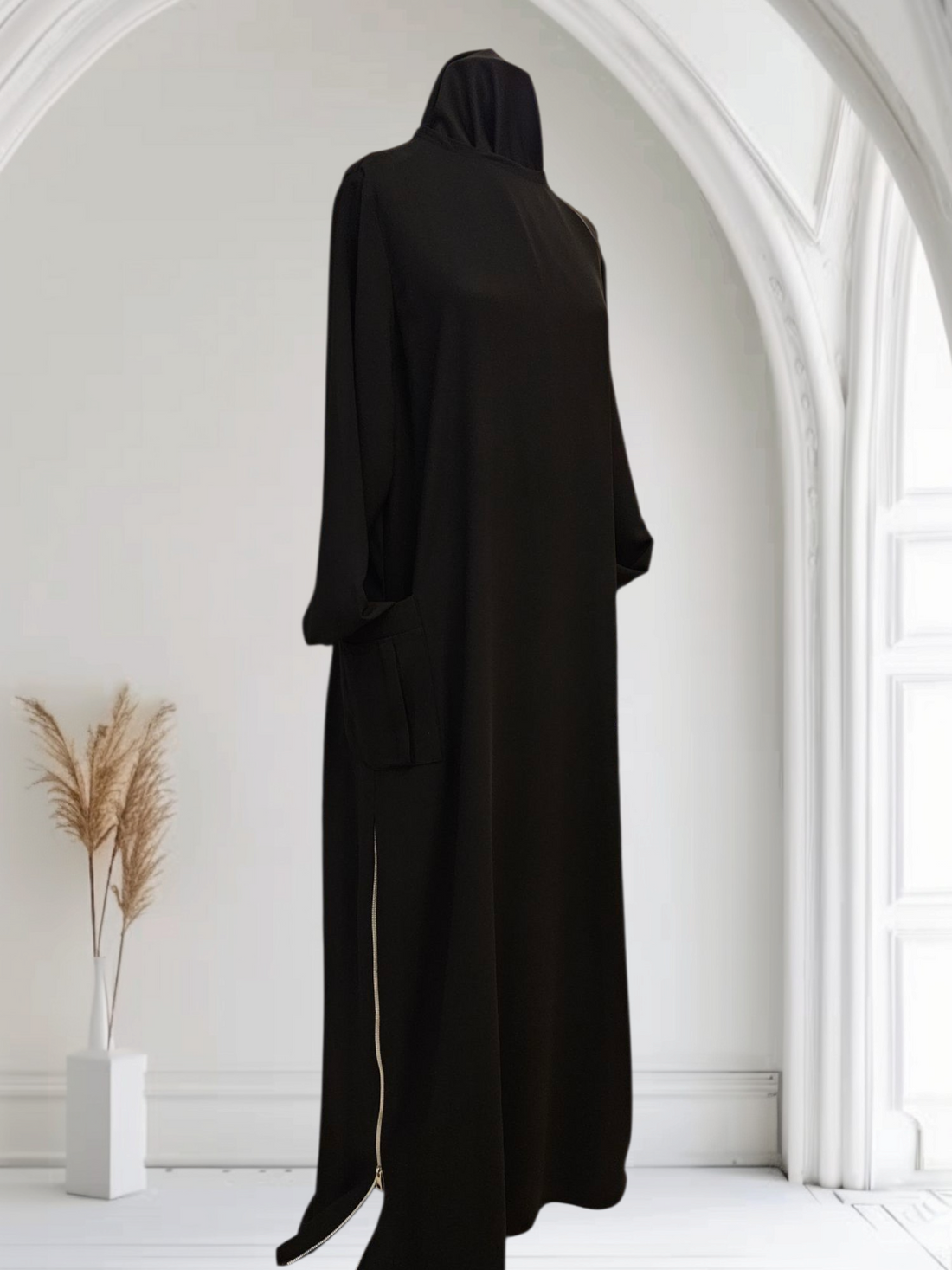 Lightweight Crepe Abaya with Side Zippers and External Pockets