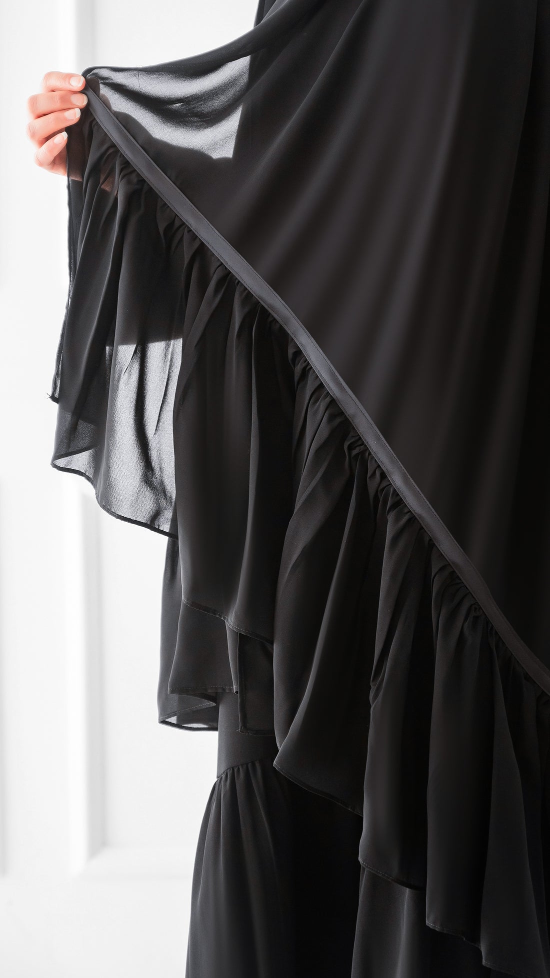 Black Chiffon Hijab with Ruffle &amp; Satin Ribbon – Rectangular Style