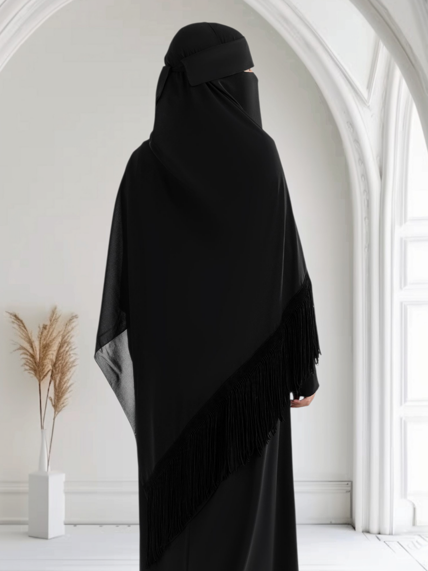 Rectangular Chiffon Scarf with Velvet Suede Tassels