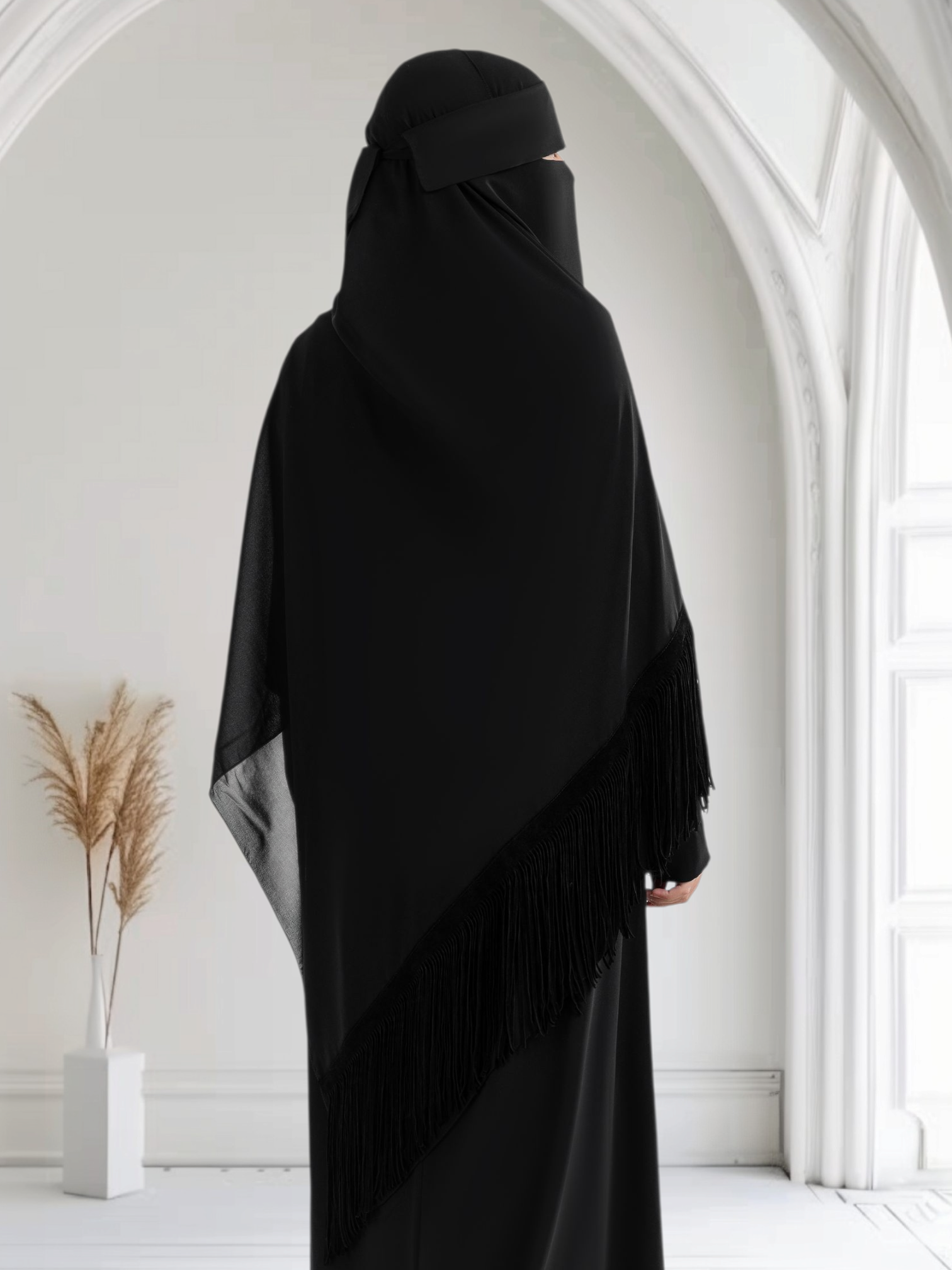Rectangular Chiffon Scarf with Velvet Suede Tassels