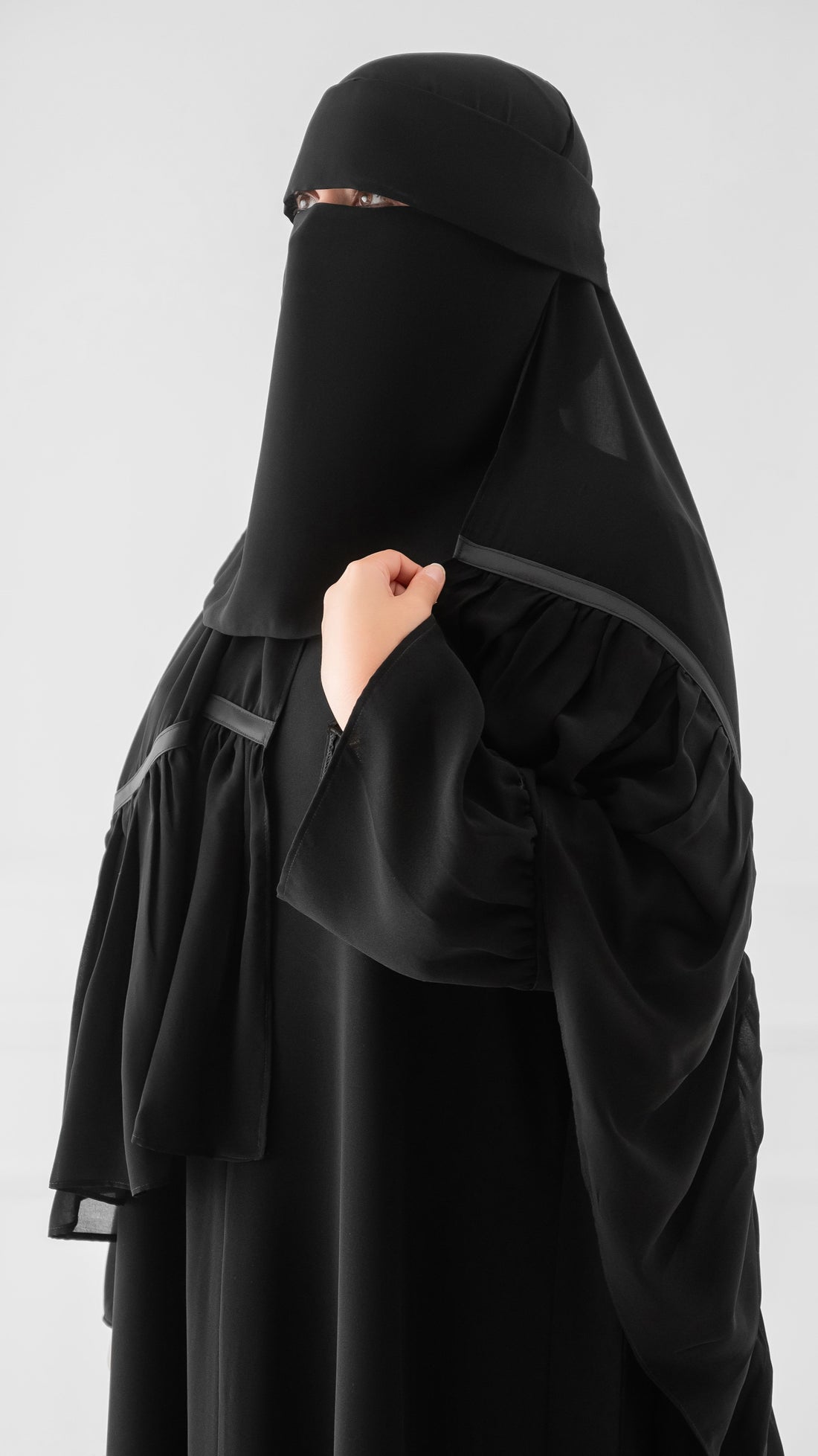 Black Chiffon Hijab with Ruffle &amp; Satin Ribbon – Rectangular Style