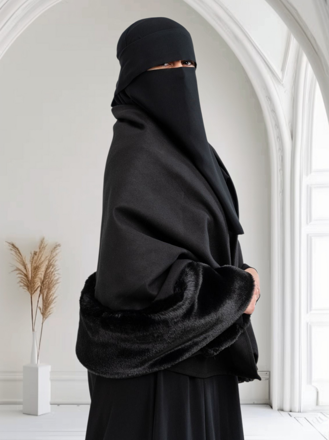 Double-Faced Wool Felt Shawl with Full-Length Fur Trim