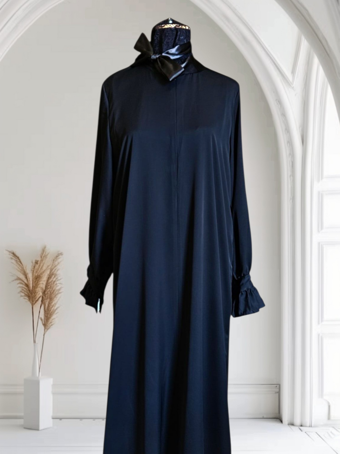 Silk Abaya with Front Zipper &amp; Ruffled Cuffs