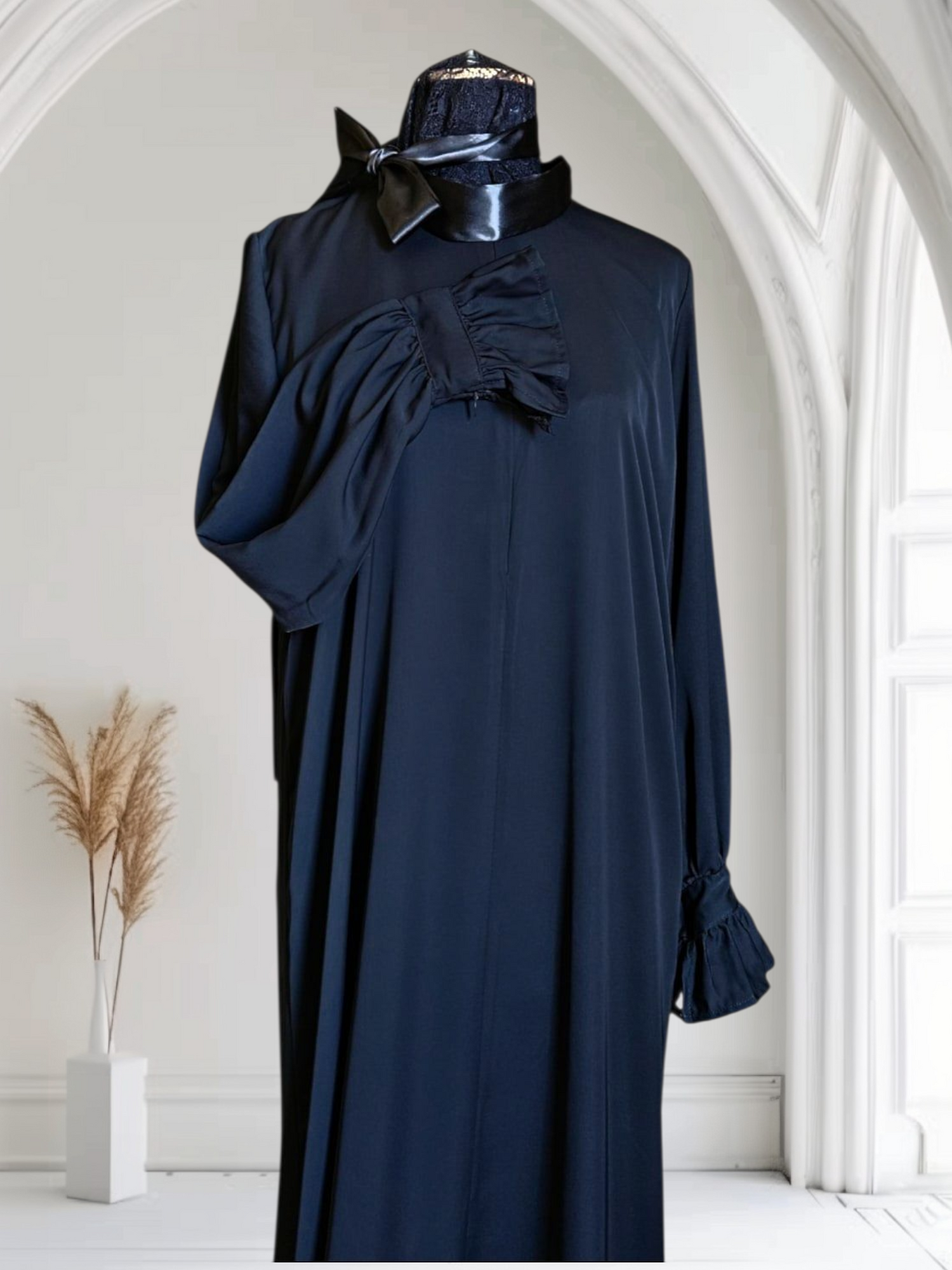 Silk Abaya with Front Zipper &amp; Ruffled Cuffs