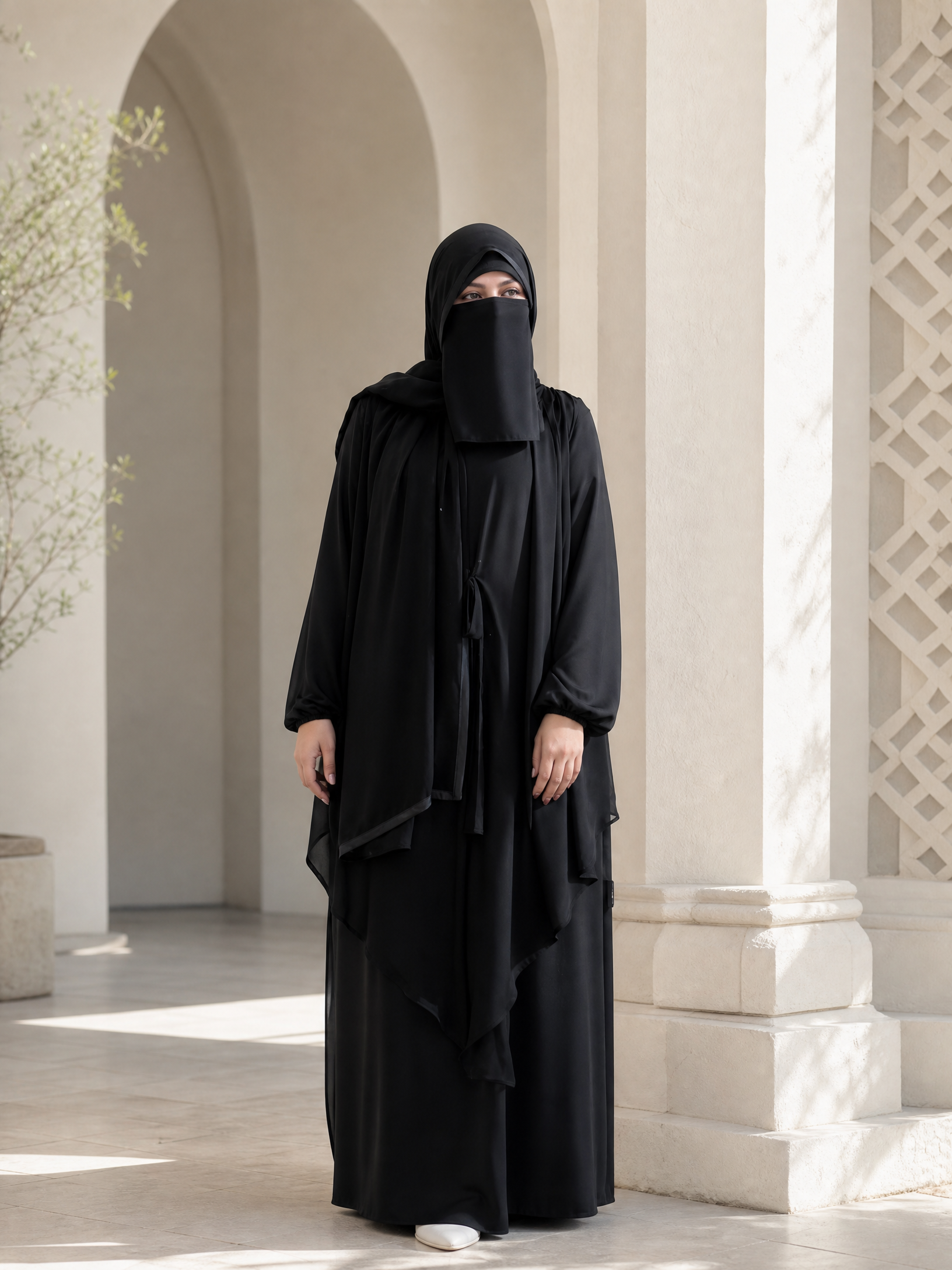 عباية كريب مع فيست شيفون متصل